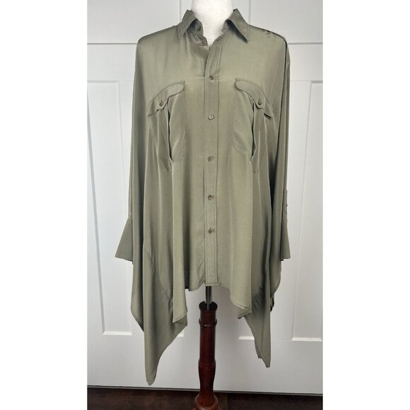 Polo Ralph Lauren Tops - Polo Ralph Lauren 100% Silk Blouse Batwing Oversize Olive Green Asymmetrical M/L